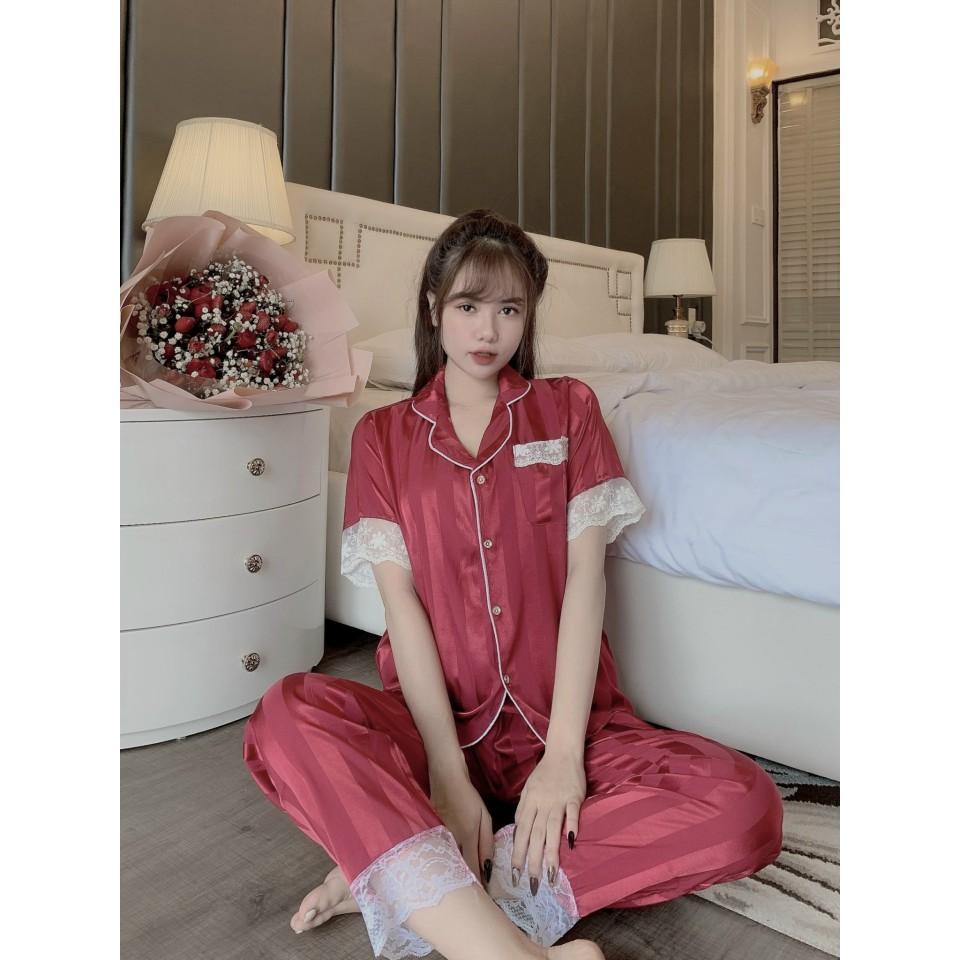 Bộ pijama tay ngắn quần dài phối ren, đồ bộ họa tiết sọc hot trend mẫu mới