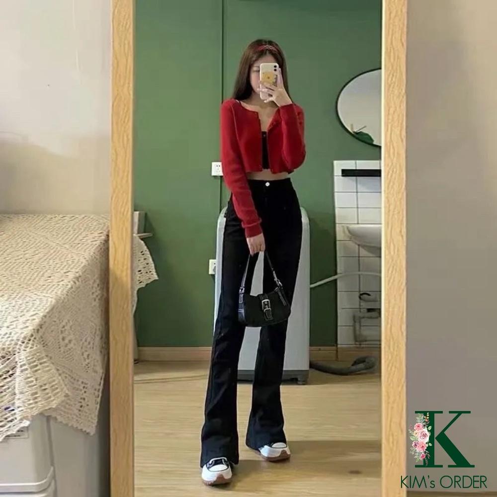 Quần Jeans Nữ Màu Nâu Đen Ống Loe Lưng Cao Cạp 1 Cúc Chất Jean Kaki Loại 1 Lên Phom Style Hàn Quốc, Tặng Dây Tóc