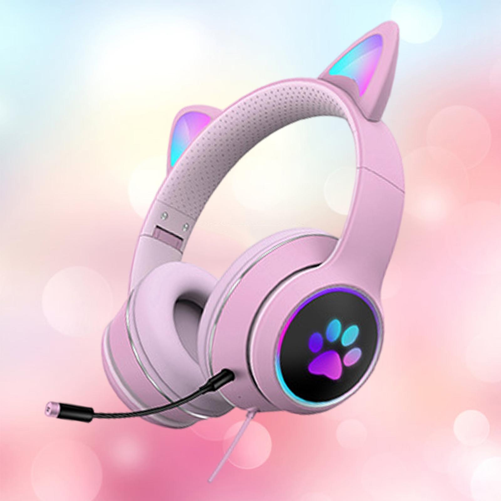 2 Pcs Cat Ear Wired Over-Head Headset RGB Light for PC Noise Reduction