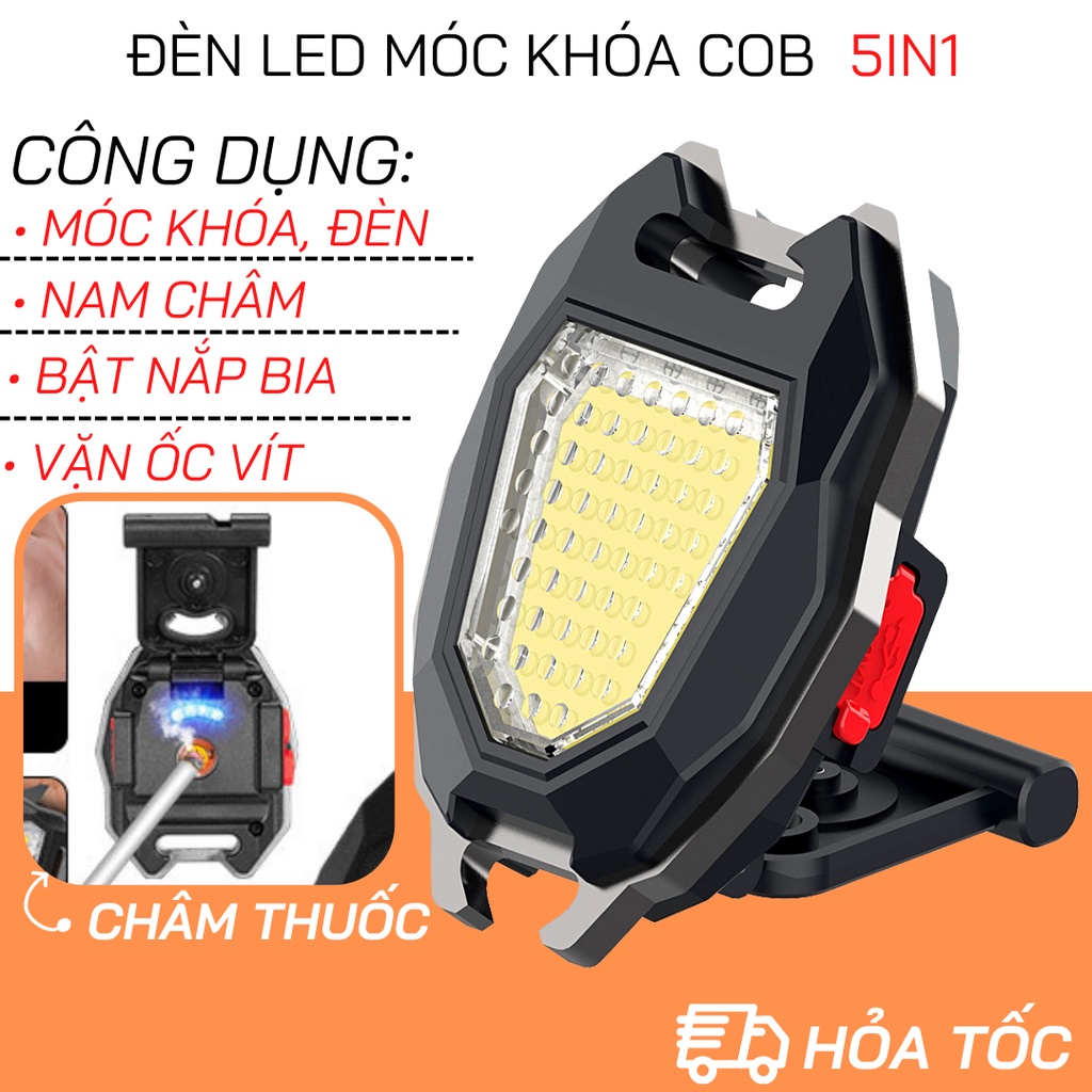 Đèn led móc khóa mini siêu sáng 5 in 1 có nam châm, bật lửa, mở bia, pin khoẻ mẫu mới dùng đi cắm trại