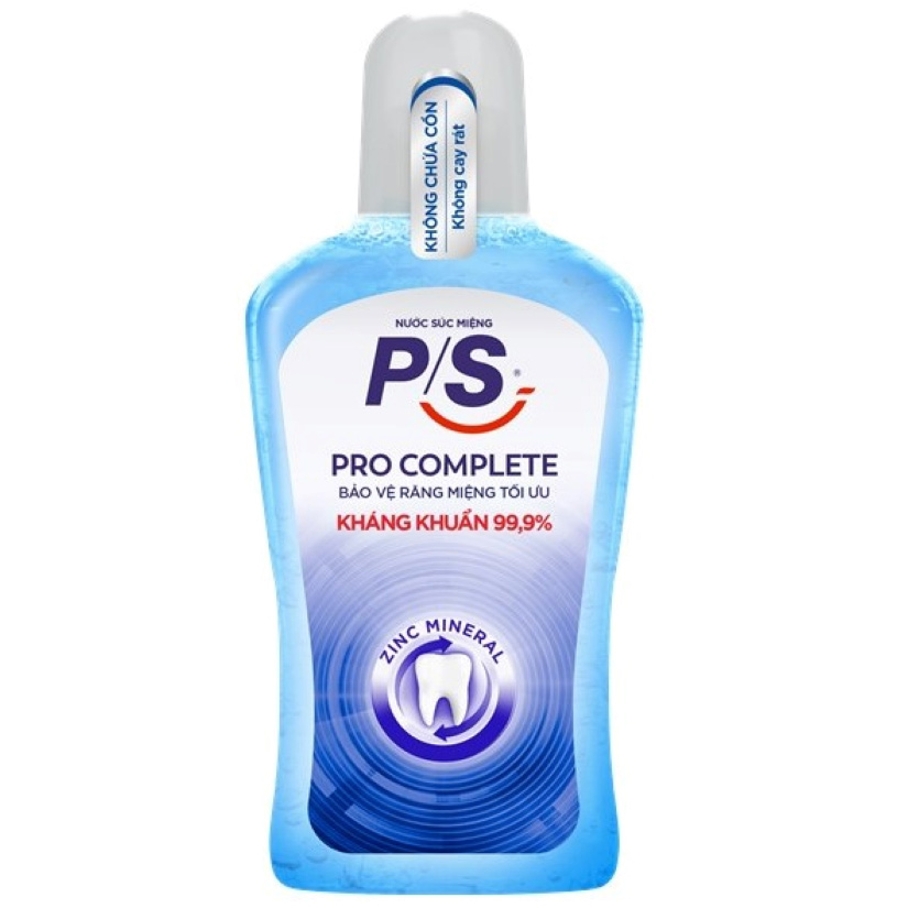 Nước súc miệng P/S Pro Complete Bảo vệ tối ưu 500ml giúp kháng khuẩn 99.9% không chứa cồn