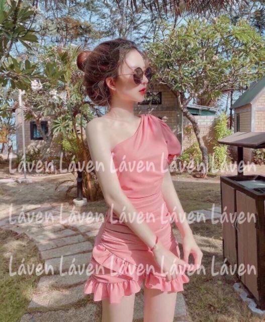 Đầm nữ dáng suông kiểu trễ vai 1 bên nhún