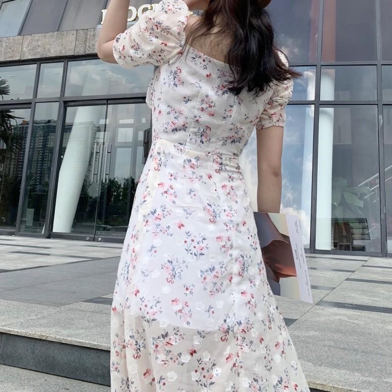 Đầm lụa hoa nhí thắt nơ ngực, xẻ tà, dáng xoè - AUDREY STUDIO