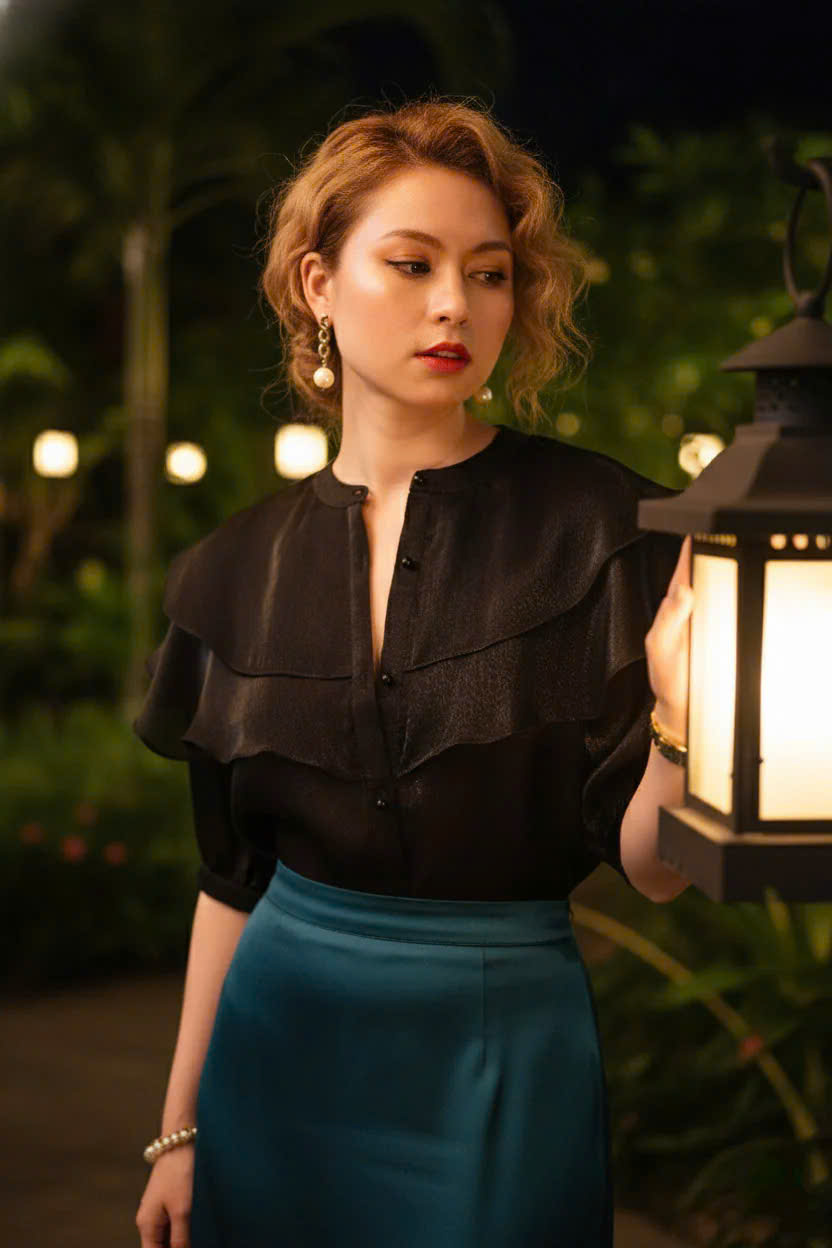 Áo Cổ Trụ Tay Phồng Organza Đen thời trang thiết kế Hity Top181