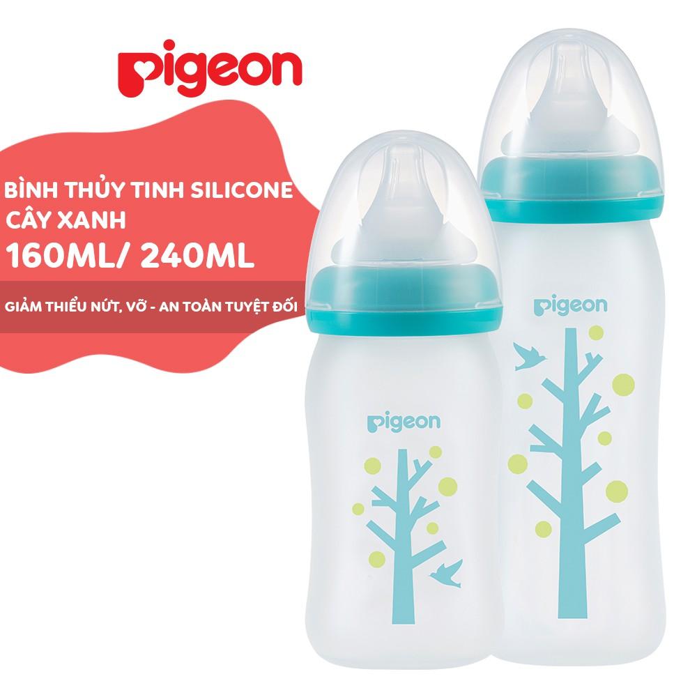 Bình Sữa Thủy Tinh Silicon Pigeon 160ml - Cây xanh (SS) - Cho Bé 0 Tháng +