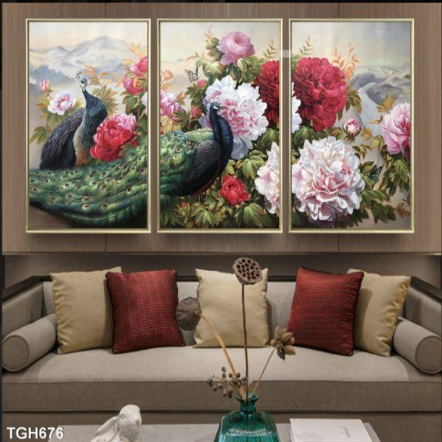 Tranh canvas chim công và hoa mẫu đơn 40x60x3 tranh