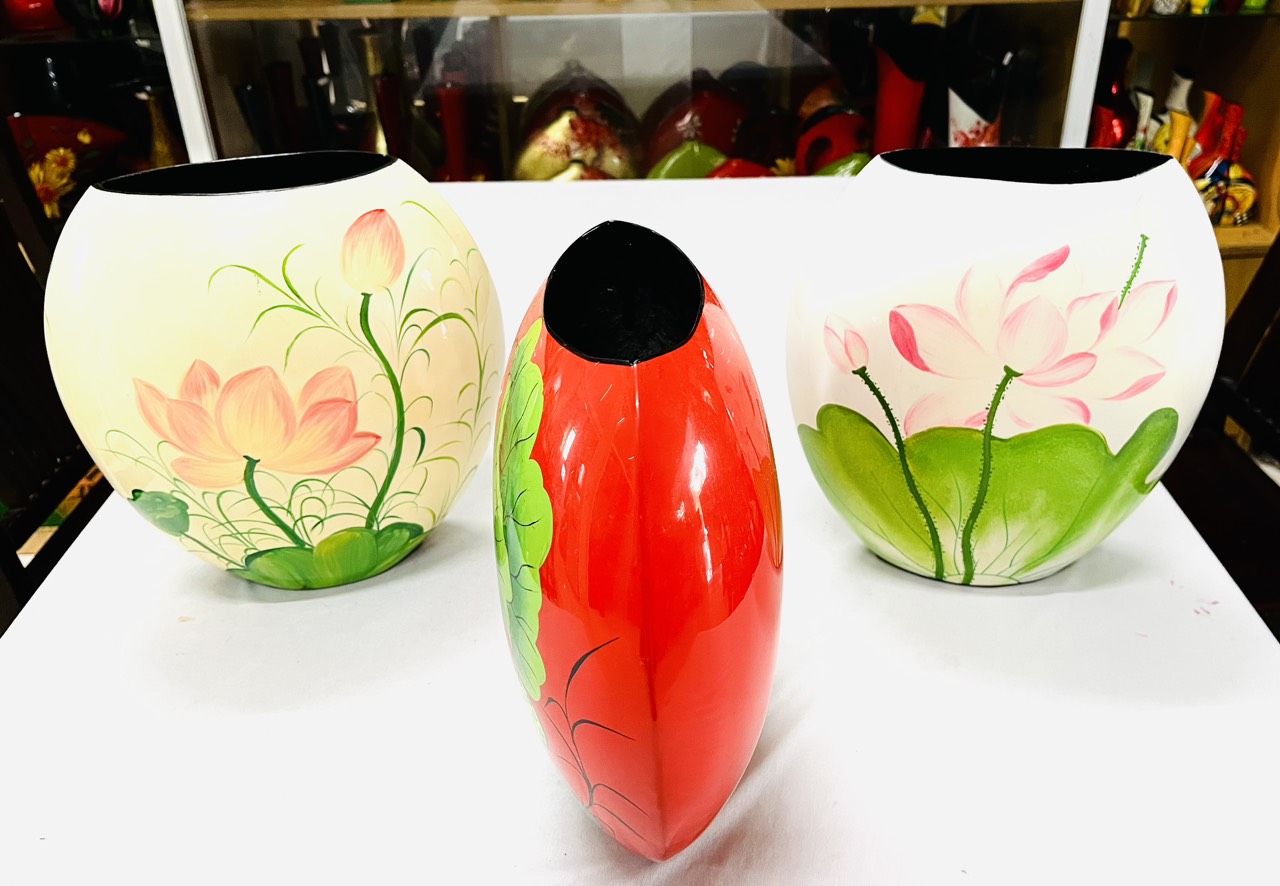 Bình Sơn Mài dẹp Cao Cấp Thanh Bình Lê size 30x25x12 thích hợp cắm hoa, trang trí, làm quà tặng,...