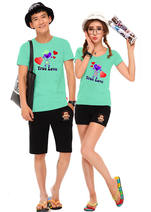 Bộ Áo Thun Đôi Nam Nữ True Love Màu Xanh Ngọc