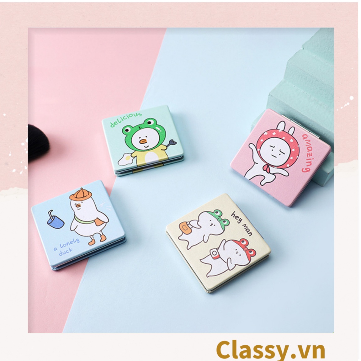 Gương trang điểm cầm tay mini 2 mặt bỏ túi, Gương cầm tay mini Hàn Quốc siêu cute, Gương hoạt hình PK570