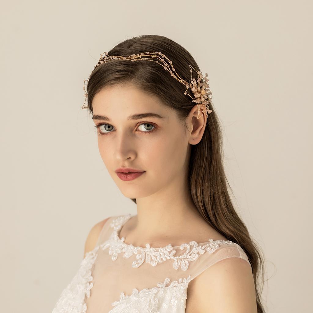 Fashion Beaded Flower Headband Gold  Bride Hair Band Christmas Headpiece