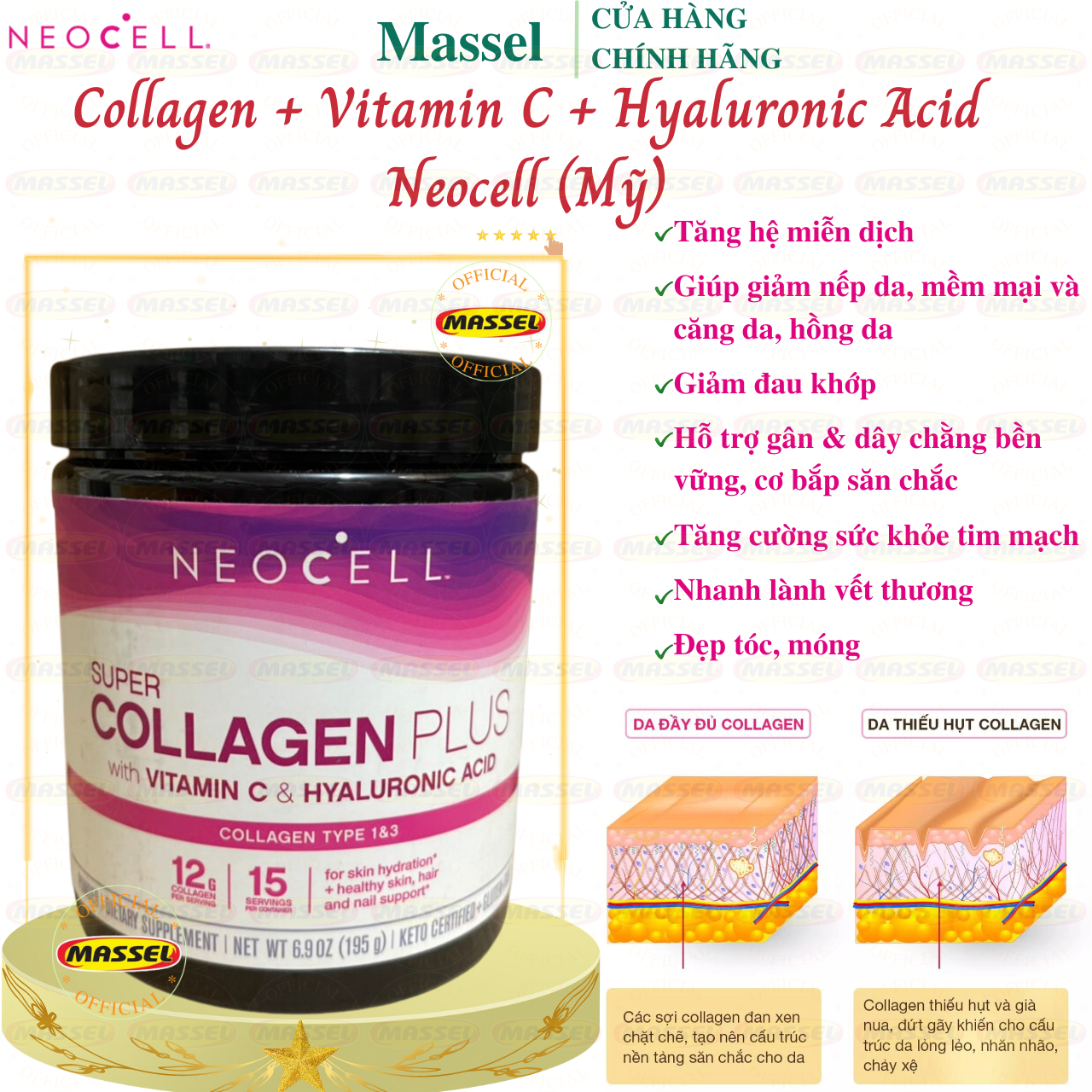 Collagen Neocell Types 1 & 3 Mỹ Hỗ trợ cang da, giảm nhăn da, giúp da, tóc, móng tay và khớp khỏe mạnh từ bên trong ra ngoài - Massel Official