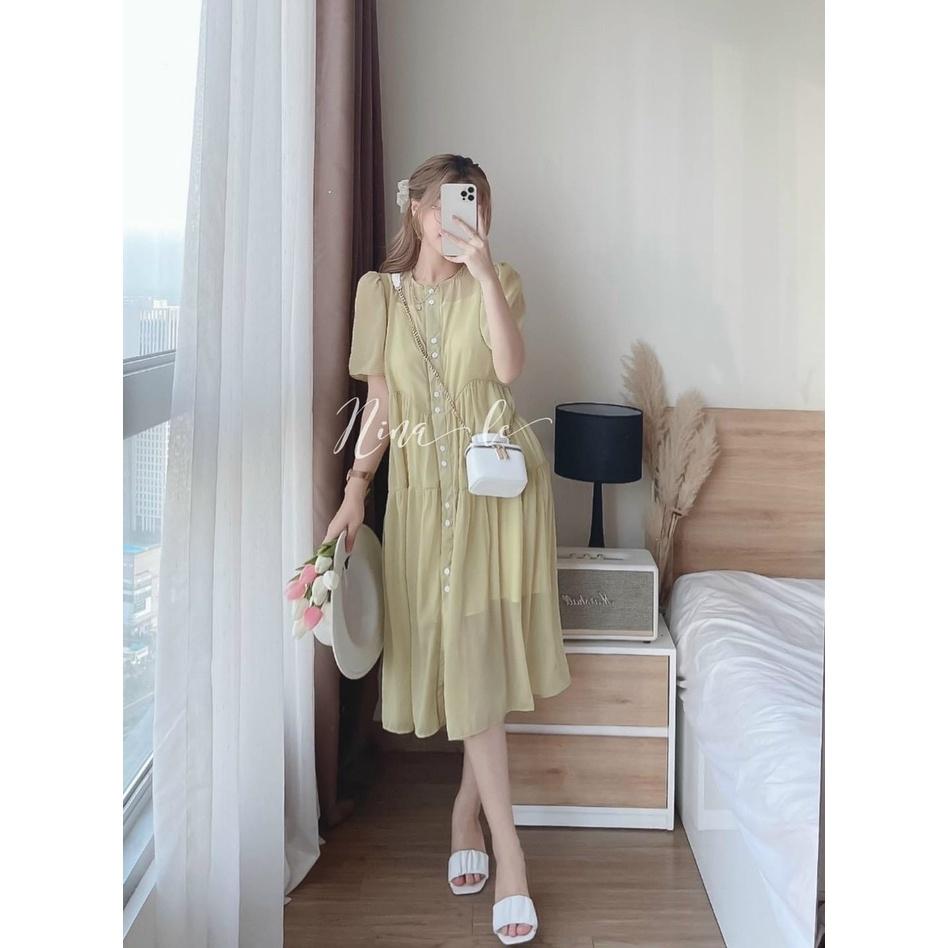 Đầm babydoll tiểu thư cổ tròn cài nút nhún tầng xinh xắn