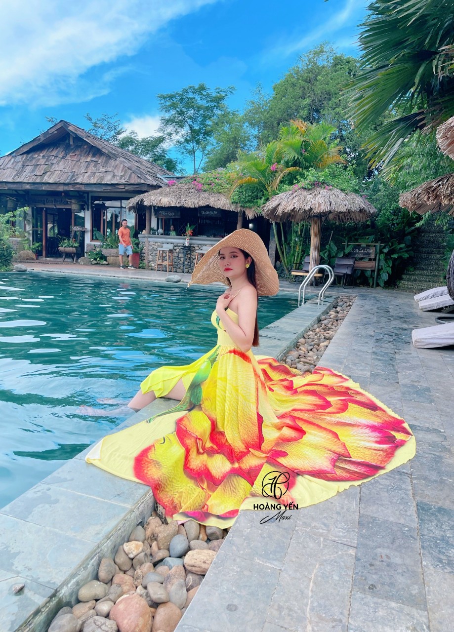 Váy đi biển, đầm maxi dài khoét eo xẻ tà dáng xoè HOANGYEN