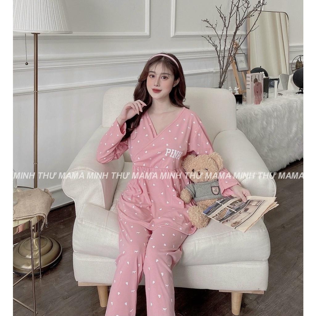 Bộ bầu sau sinh mặc nhà cho con bú cotton cao cấp lửng tay dài thu đông