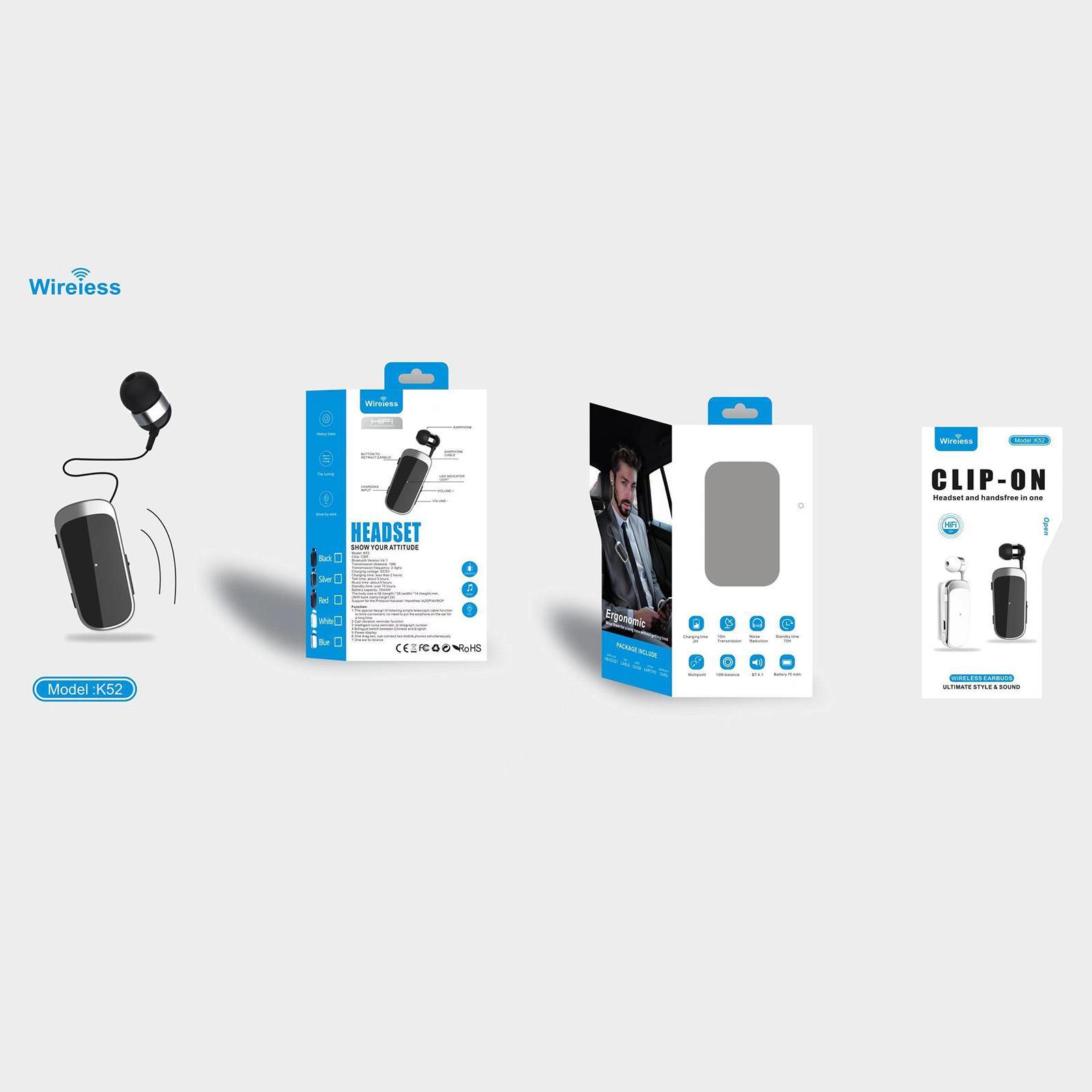 2x  K52 Retractable Wireless Bluetooth Headset Earphone Clip