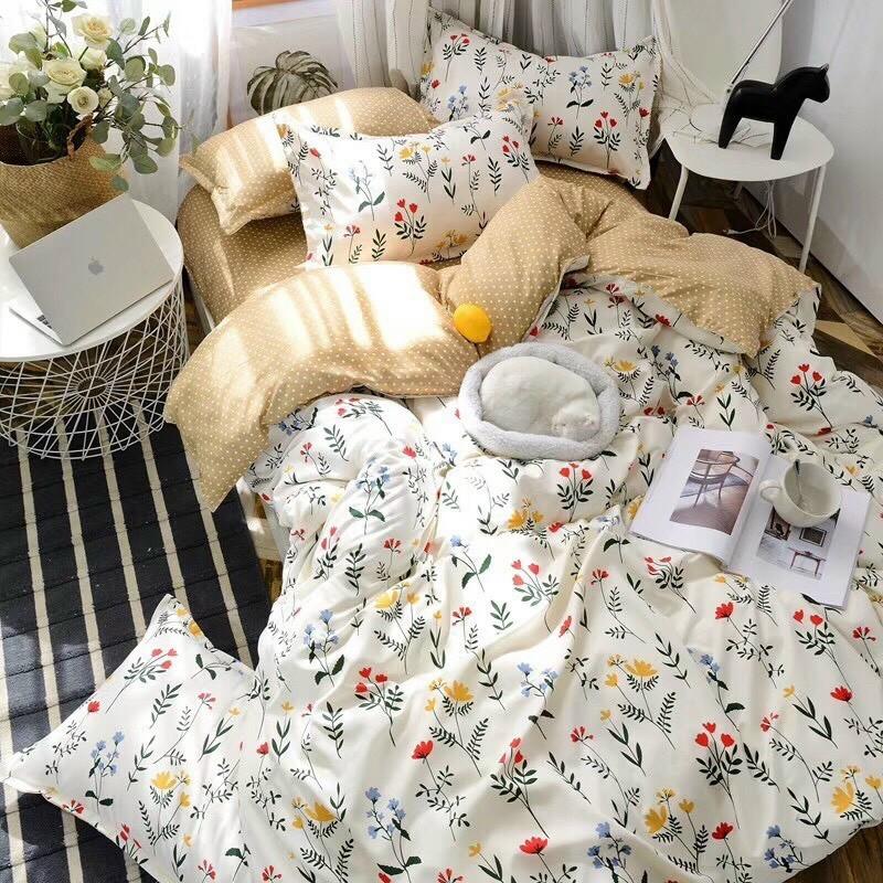 Bộ Chăn Ga Gối Cotton Poly Hoa Nhí Ga Nâu