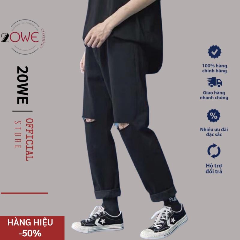 Quần jean nam rách gối màu đen chất bò cao cấp co dãn 4 chiều cực đẹp rin trơn from dáng skinny đẹp