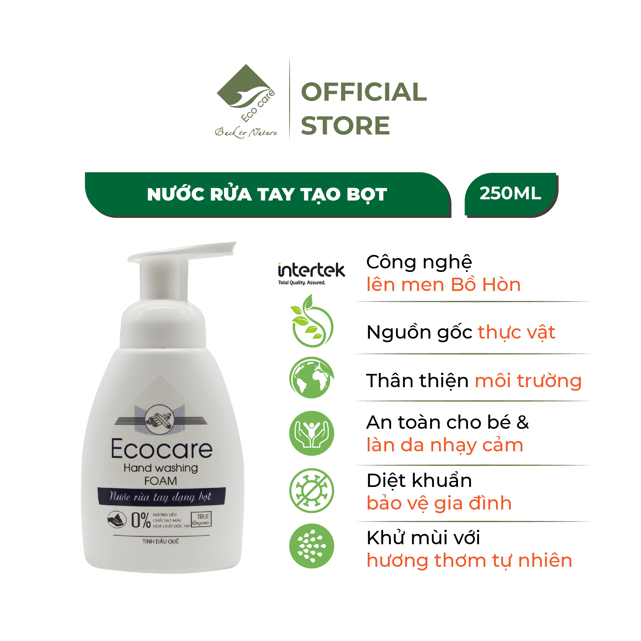 Nước rửa tay hữu cơ diệt khuẩn dạng bọt tinh dầu Quế 250ml thương hiệu Ecocare