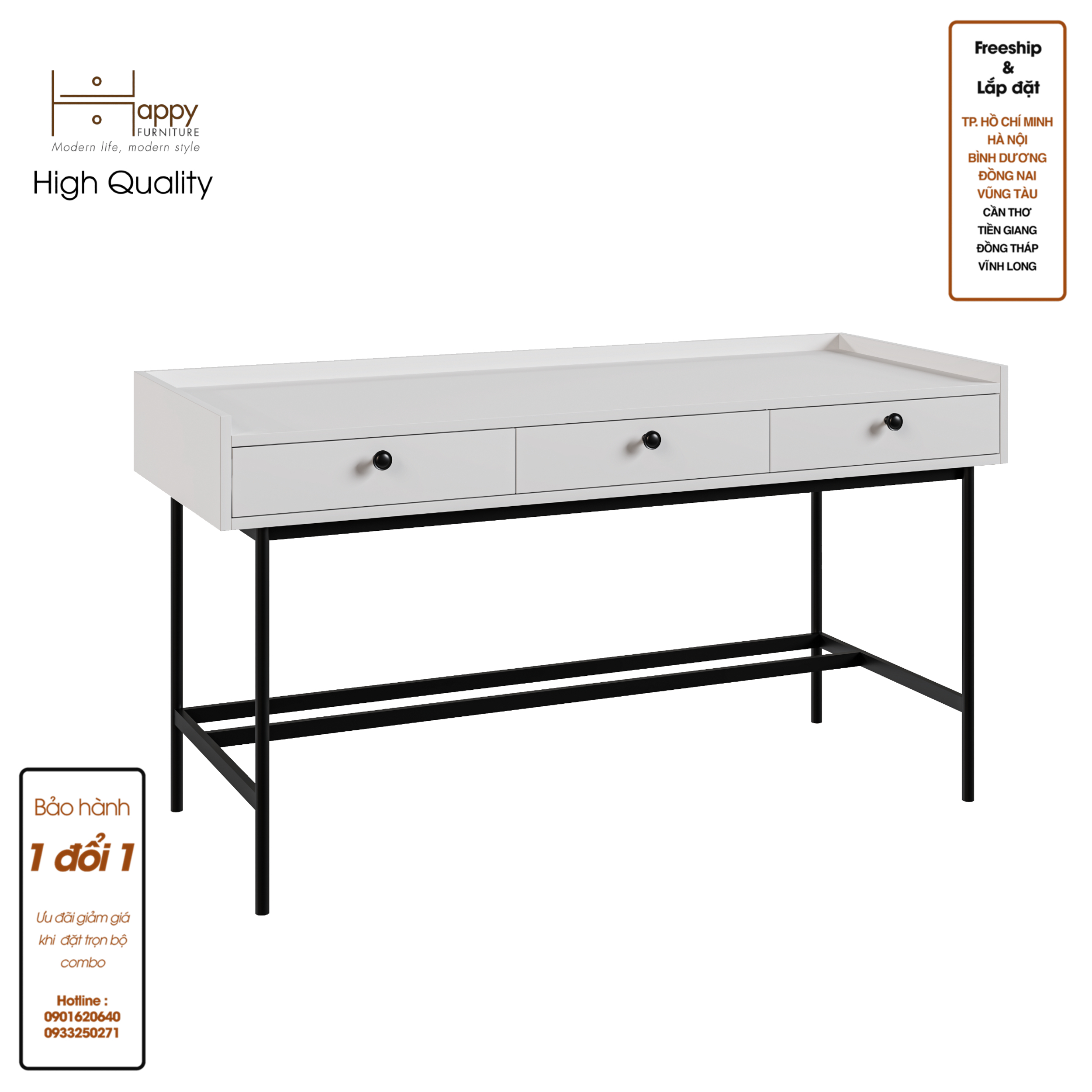 KINA , Bàn làm việc 3 ngăn - chân sắt , 140cm x 55cm x 75cm , BAN_041