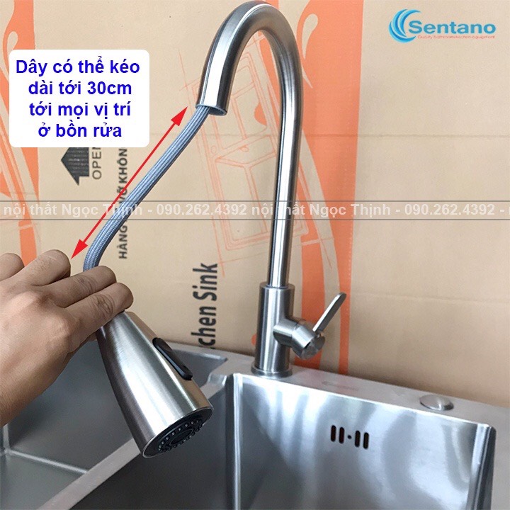 Vòi rửa chén bát Nóng Lạnh Có dây kéo rút tiện lợi chất liệu inox sus304 Xoay 360 độ Tặng kèm cặp dây cấp Nóng lạnh