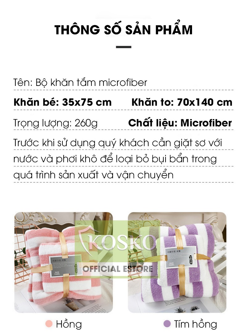 Bộ 2 khăn tắm khổ lớn microfiber KOSKO kích thước 70x140cm và 35x75cm siêu thấm hút không rụng lông