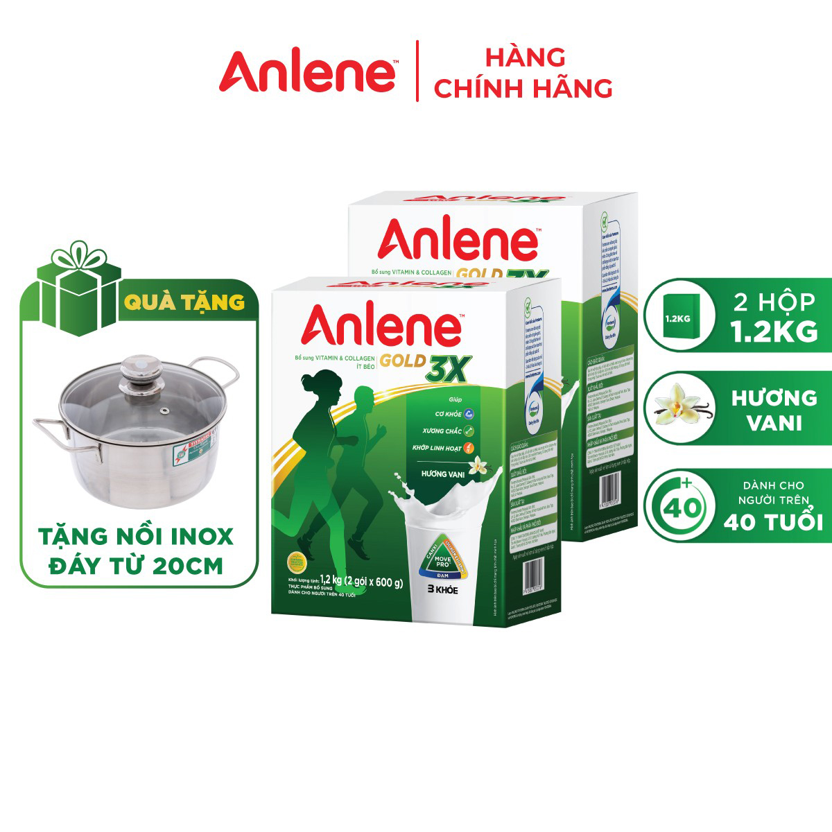 Combo 2 Sữa Bột Anlene Gold 3X Hương Vanilla (Hộp giấy 1200g) - Tặng 1 hộp Anlene 3X tiện lợi 8gói*35g