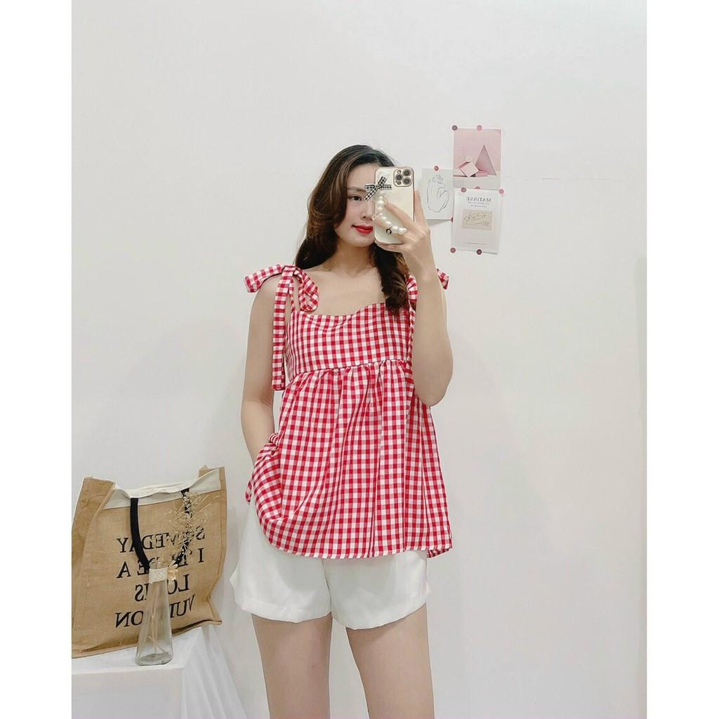 SET ÁO CARO 2 DÂY CỘT VAI DẠNG BABYDOLL+QUẦN ĐÙI TRẮNG-hình thật shop chụp