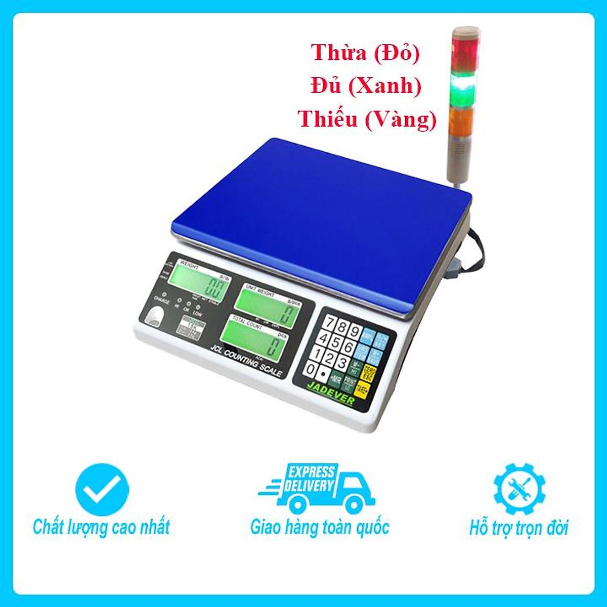 Bộ sản phẩm cân cảnh báo đèn còi gồm Cân điện tử đếm Jadever JCL, Mức cân 15kg, độ chia 0.5g và đèn 3 màu HILOOK