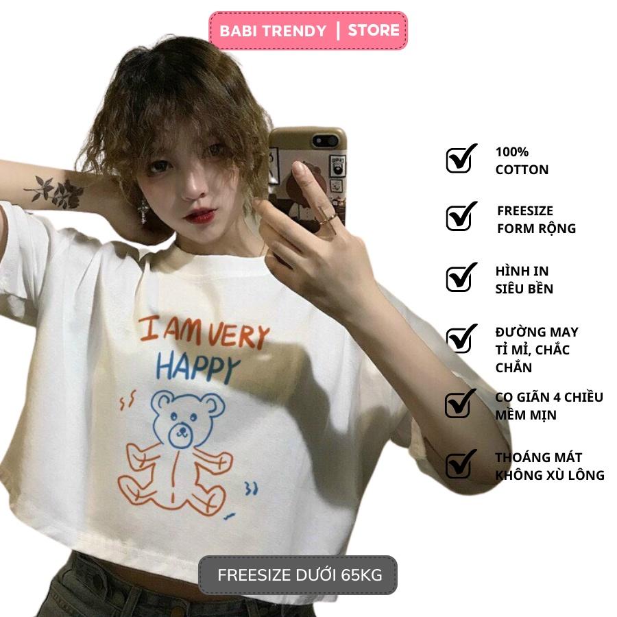 Áo Croptop tay lỡ phong cách Hàn Quốc In Nổi Gấu Very Happy - Babi Trendy CRI04