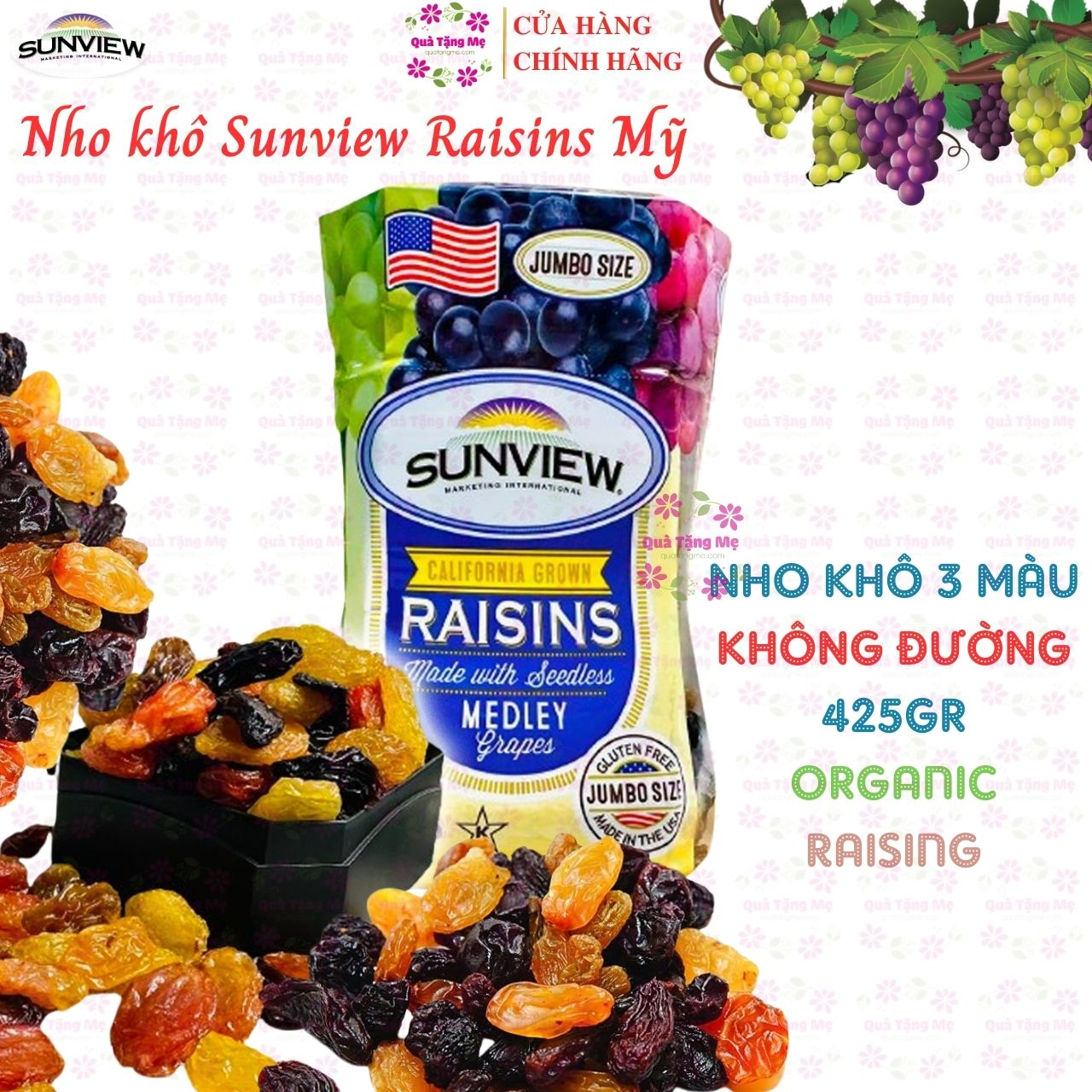 Quà Tết Nho khô Sunview Raisins Mỹ không hạt 3 màu giàu Vitamin khoáng chất, tốt cho tim mạch (425g/hộp) - QuaTangMe Extaste