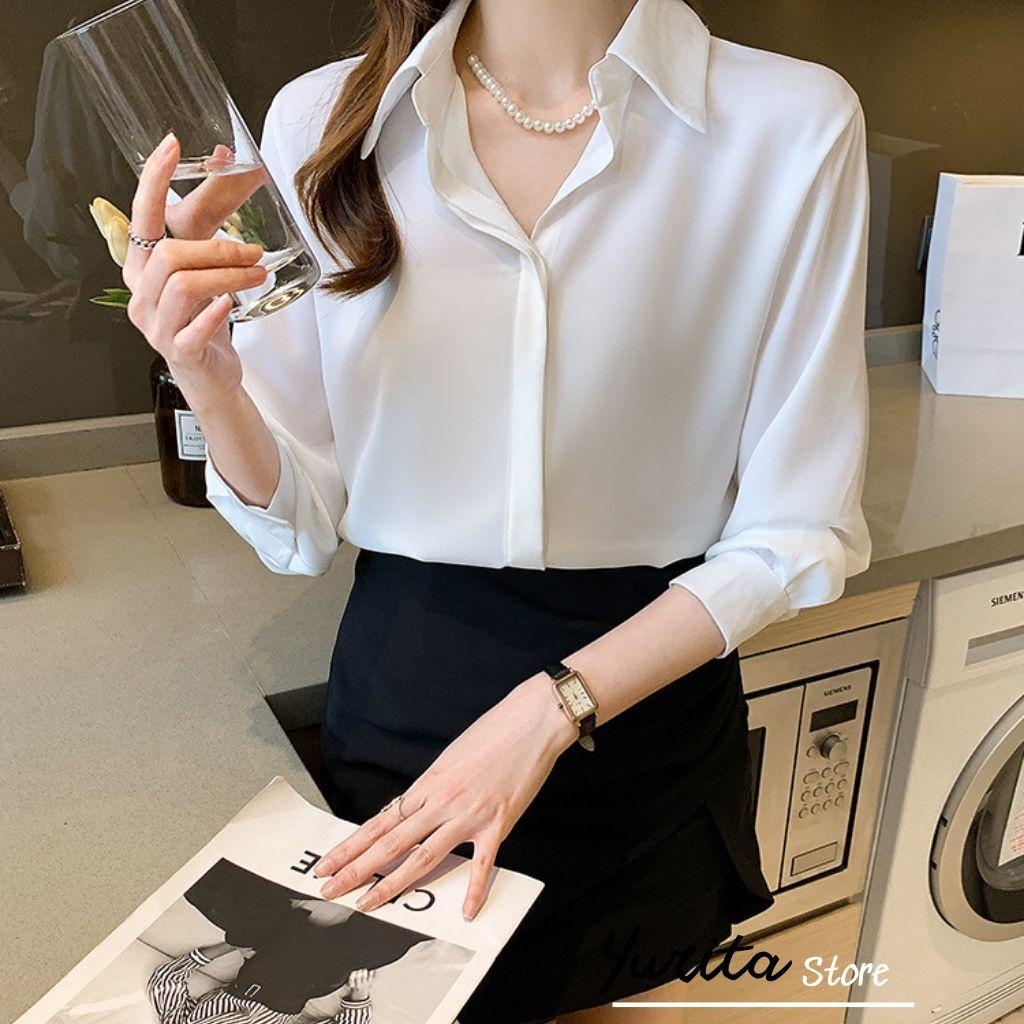 Áo Sơ Mi Nữ Công Sở Màu Trắng Cổ ĐứcYURITA Kiểu Hàn Quốc Vintage Ulzzang Form Rộng Dài Tay Đẹp Chất Lụa Cao Cấp A2T