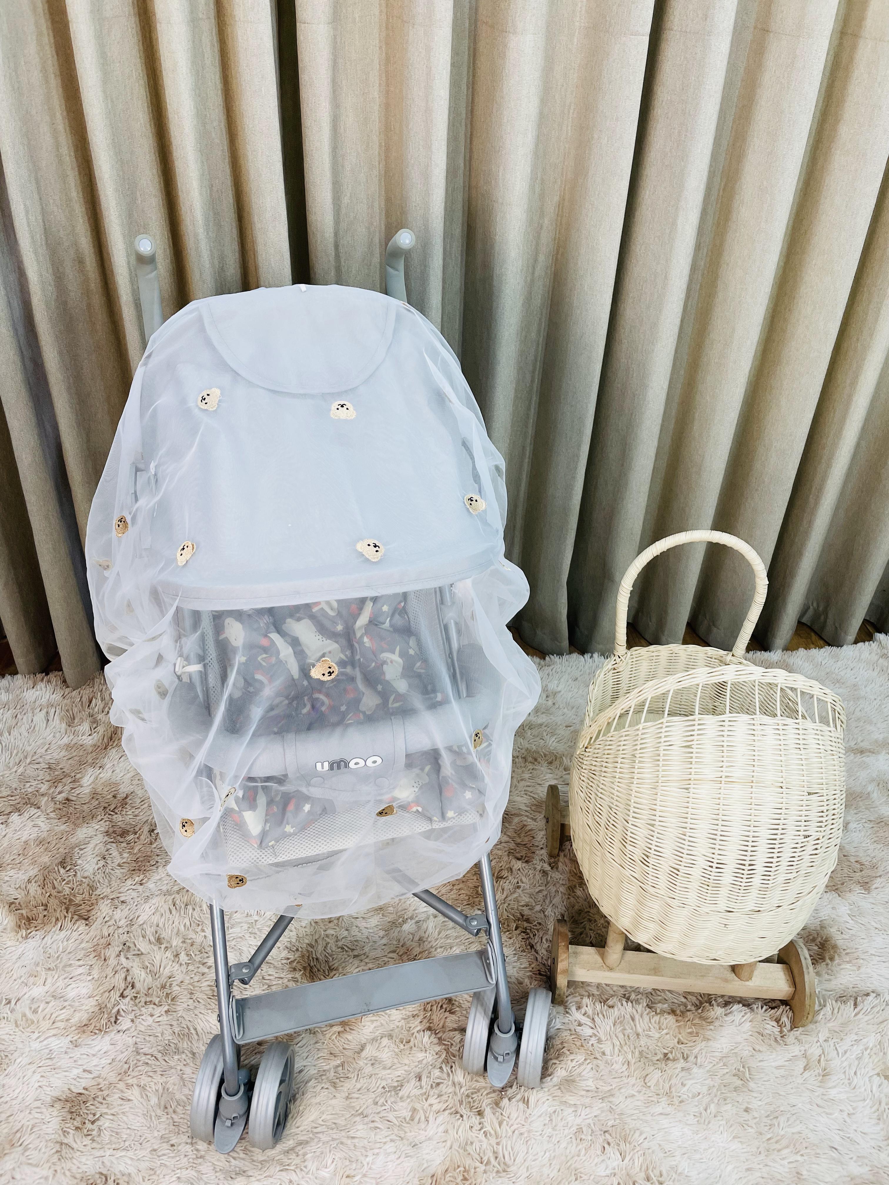 Màn che xe đẩy chống muỗi và côn trùng cho em bé cao cấp, họa tiết thêu tay mềm mại, kiểu dáng Hàn Quốc