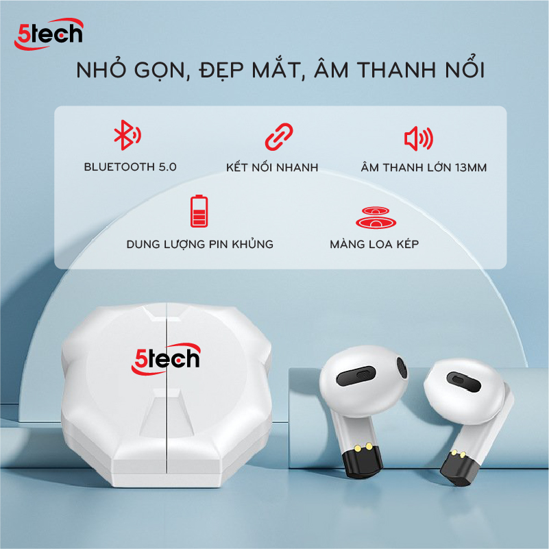 Tai nghe bluetooth 5TECH không dây hàng chính hãng, tai phone nhét tai TWS 5.0 kết nối nhanh, ổn định, màn hình LED nghe nhạc chơi game âm thanh cực đỉnh