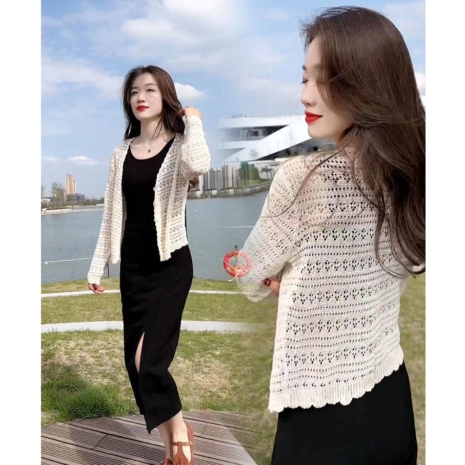 Áo khoác len LƯỚI HOA CHẤM tay dài mỏng nhẹ mặc 2 kiểu dễ phối đồ
