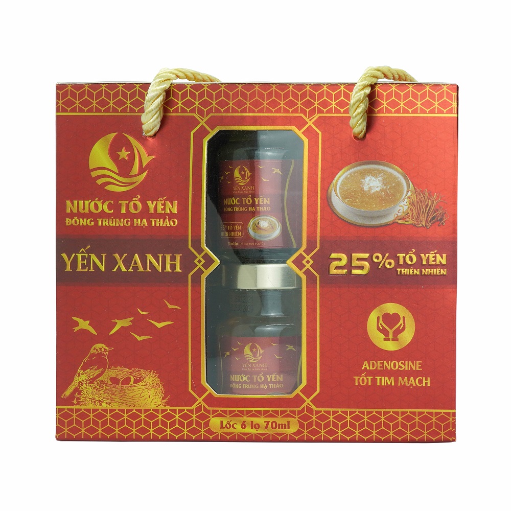 25% tổ yến - Nước tổ yến chưng đông trùng hạ thảo - YẾN XANH - Lốc 6 lọ x 70ml có quai xách