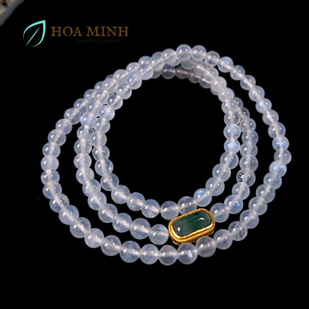 Vòng tay 108 hạt đá Mặt Trăng Moonstone 5.2 li phối charm vàng đá Cẩm Thạch Ngọc Lam lên bông cực VIP