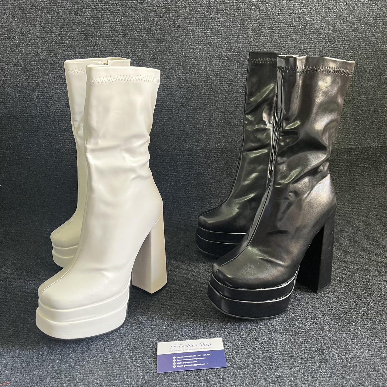[ Sẵn ĐEN- TRẮNG] Giày boot nữ cao gót 14cm cổ lửng ĐẾ KÉP phong cách Âu Mỹ GBN120