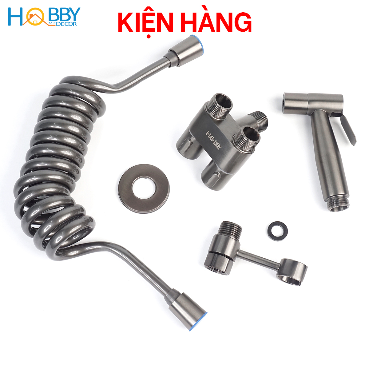 Vòi xịt vệ sinh toilet dây lò xo đa năng kèm van nước bồn cầu màu xám Hobby Home Decor VSR4F