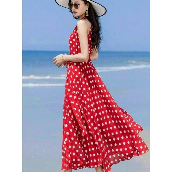 ĐẦM MAXI CHẤM BI CỔ V