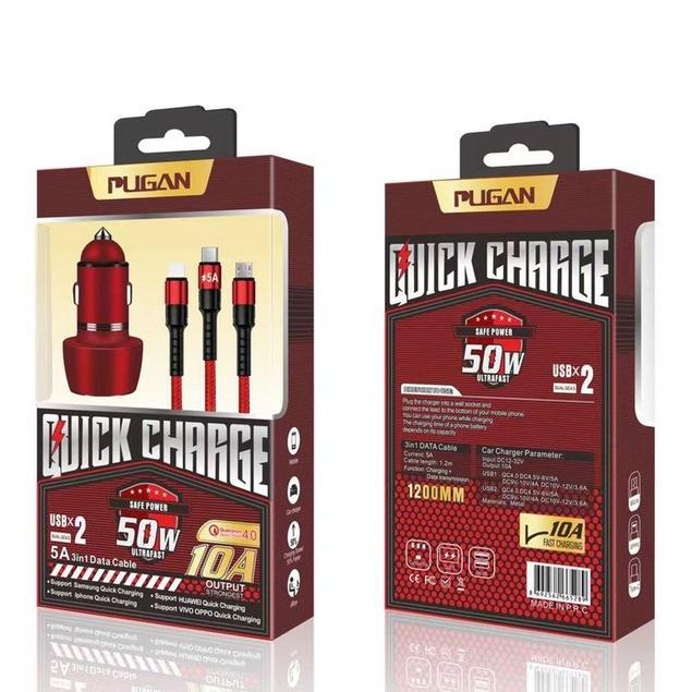 Tẩu Sạc Siêu Nhanh Quick Charge 4.0, PUGAN 10A, 50W, 12-24V, 2 Cổng USB, Dây Cáp 3 Đầu Sạc Cực Chắc Chắn