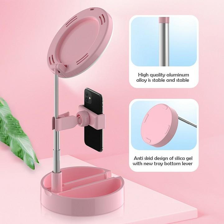 PVN18882 Gương trang điểm gấp gọn có đèn Led Livestream tích hợp giá đỡ và kẹp điện thoại T2