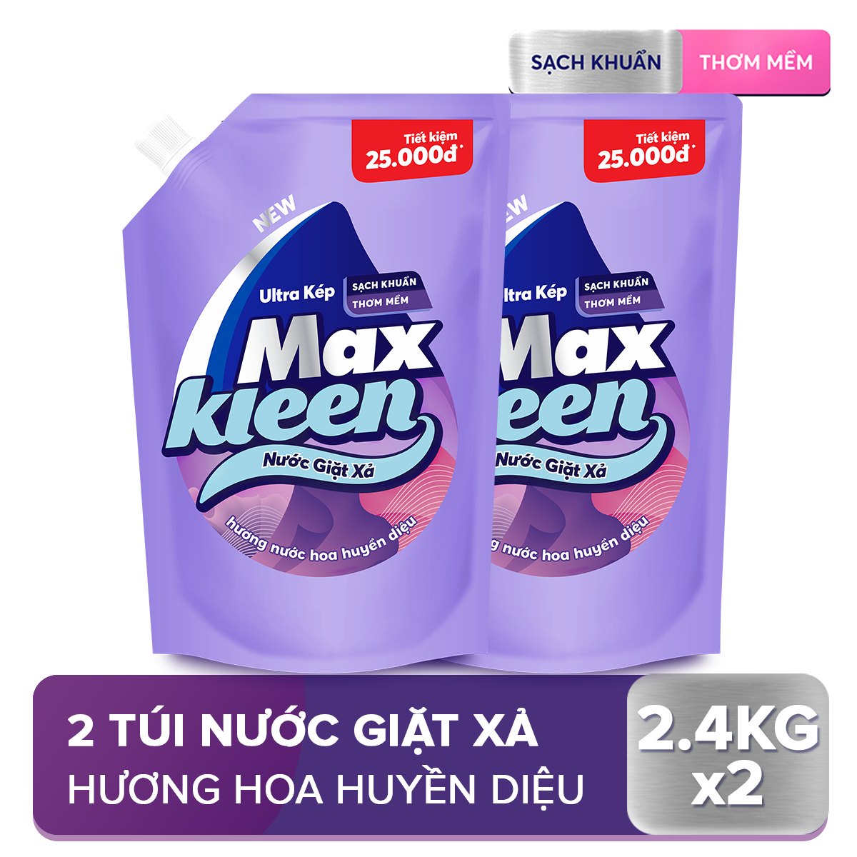 Combo 2 Túi Nước Giặt Xả Maxkleen Hương Nước Hoa Huyền Diệu (2.4kg/túi)