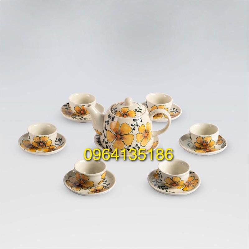 Bộ ấm trà vẽ hoa mai vàng dung tích 350ml gốm sứ Bát Tràng