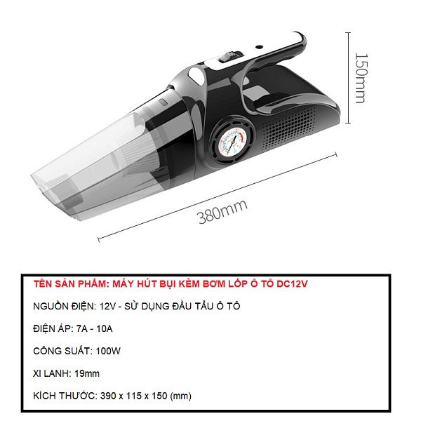 Máy Hút Bụi Kiêm Bơm Lốp Ô Tô DC12V 4 in 1 – Hút Bụi, Bơm Lốp Ô Tô, Đèn Chiếu Sáng, Đo Áp Suất Lốp