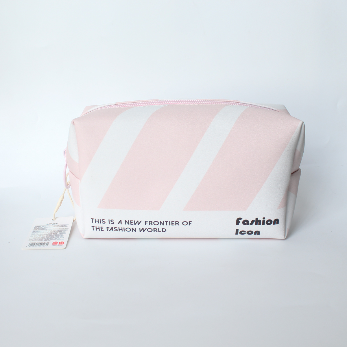 Túi đựng đồ trang điểm mỹ phẩm hình chữ nhật Miniso Striped Square Cosmetic Bag (kẻ trắng hồng), thiết kế Nhật Bản, hàng chính hãng – MNS048