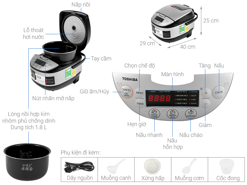 Nồi cơm điện tử Toshiba RC-18DR2PV(K) - 1.8L - Lòng nồi dày 4mm, chống dính - Hàng chính hãng, bảo hành 12 tháng