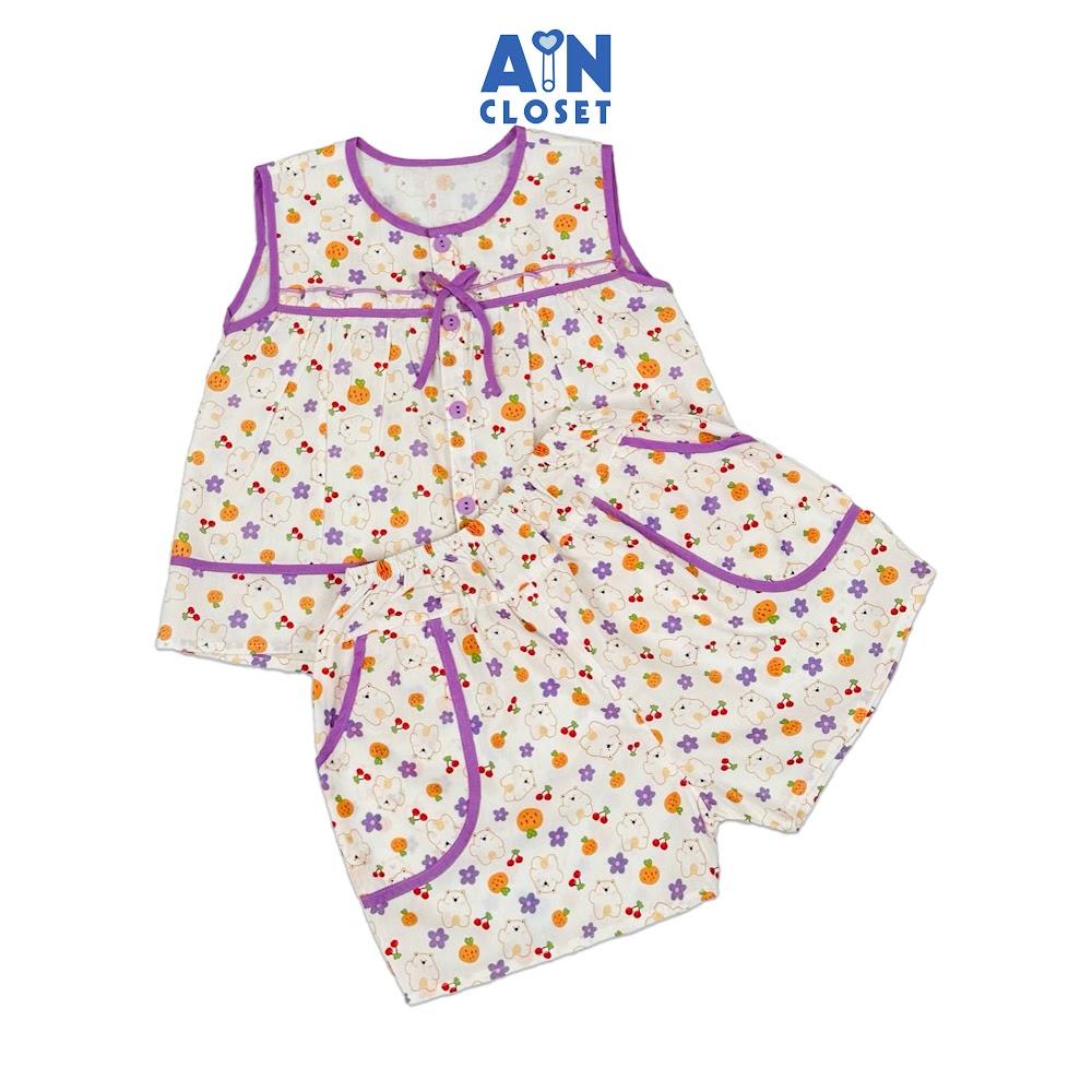 Bộ quần áo Ngắn bé gái họa tiết Gấu Hoa Quả Tím cotton - AICDBGPMPF6U - AIN Closet
