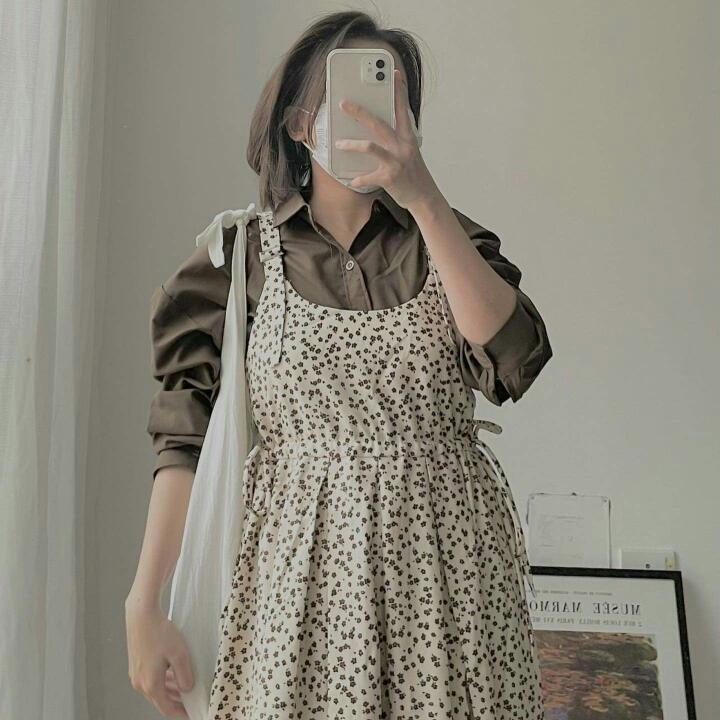 váy hoa nhí nâu be vintage