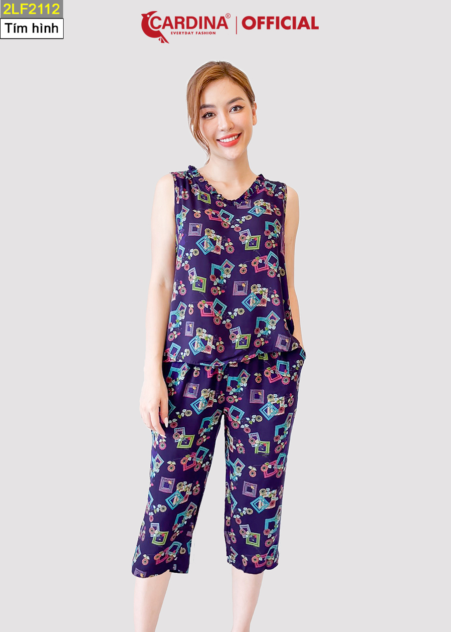 Đồ Bộ Nữ CARDINA Chất Lanh Tre Nhật Cao Cấp Quần Lửng Áo Sát Nách Cổ Bèo Họa Tiết Tinh Tế 2LF21