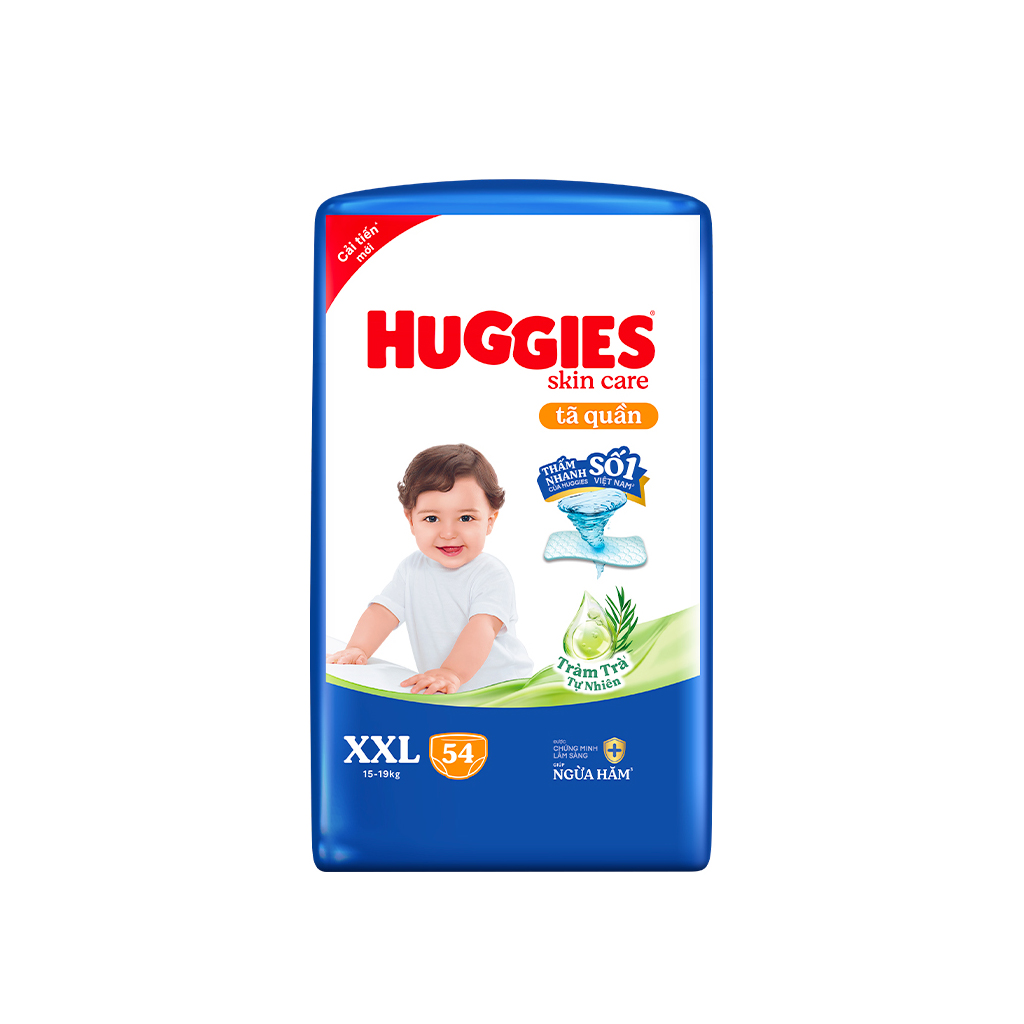 Tã/bỉm quần Huggies Skin Care Super Jumbo XXL54 miếng với tràm trà dịu da